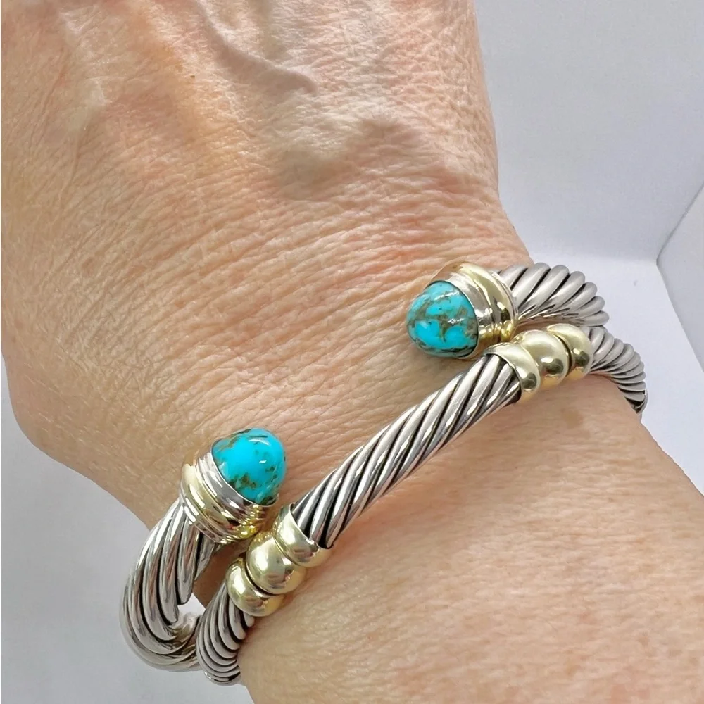 David Yurman Sterling Silver & 14K Gold Turquoise Cable Bracelet - Picture 12 of 14